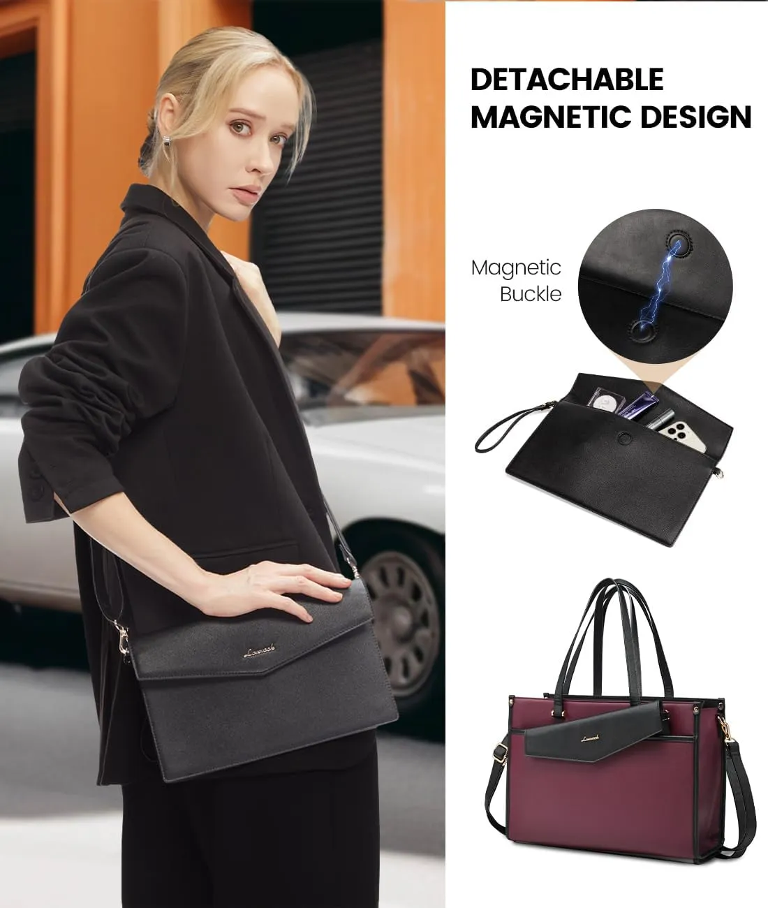 LOVEVOOK Laptop Bag for Women, 15.6'' Laptop Tote Purse 2-in-1 Professional Work Bag Business Briefcase with Clutch Purse, Waterproof Leather Computer Handbag for Teacher Office Travel