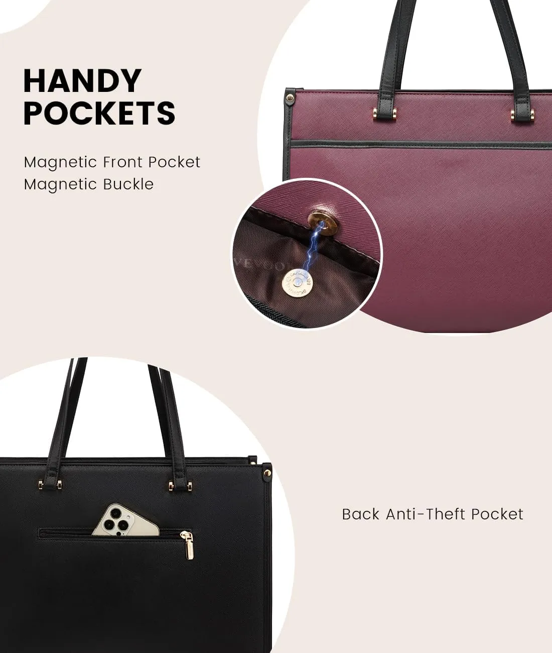 LOVEVOOK Laptop Bag for Women, 15.6'' Laptop Tote Purse 2-in-1 Professional Work Bag Business Briefcase with Clutch Purse, Waterproof Leather Computer Handbag for Teacher Office Travel