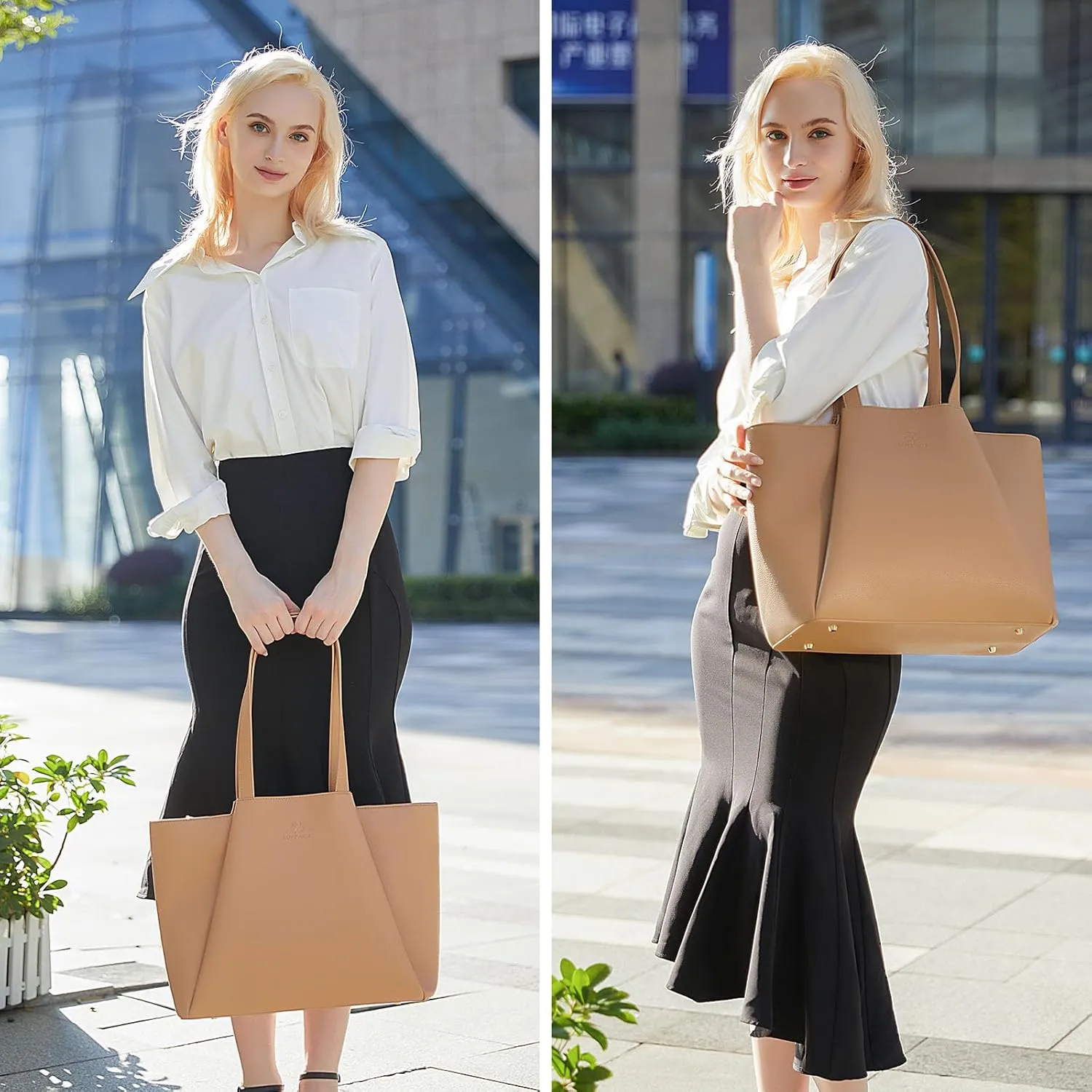 LOVEVOOK Laptop Tote Bag for Women 15.6 Inch Work Bag Leather Laptop Bag with Clutch, Large Capacity Office Purse Computer Briefcase Shoulder Bag for Casual Business Travel, Apricot