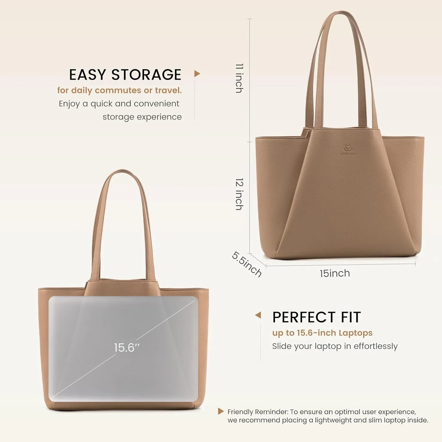 LOVEVOOK Laptop Tote Bag for Women 15.6 Inch Work Bag Leather Laptop Bag with Clutch, Large Capacity Office Purse Computer Briefcase Shoulder Bag for Casual Business Travel, Apricot