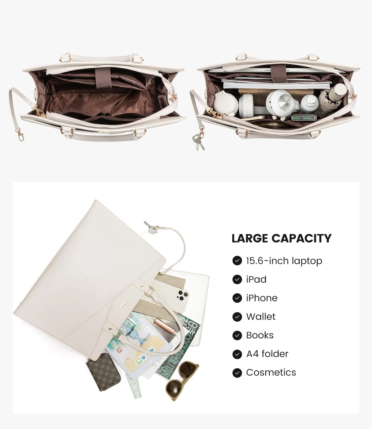 LOVEVOOK Laptop Tote Bag for Women, Leather Business Office Work Bag Computer Briefcase with Small Clutch fit for 15.6 Inch Laptop Beige