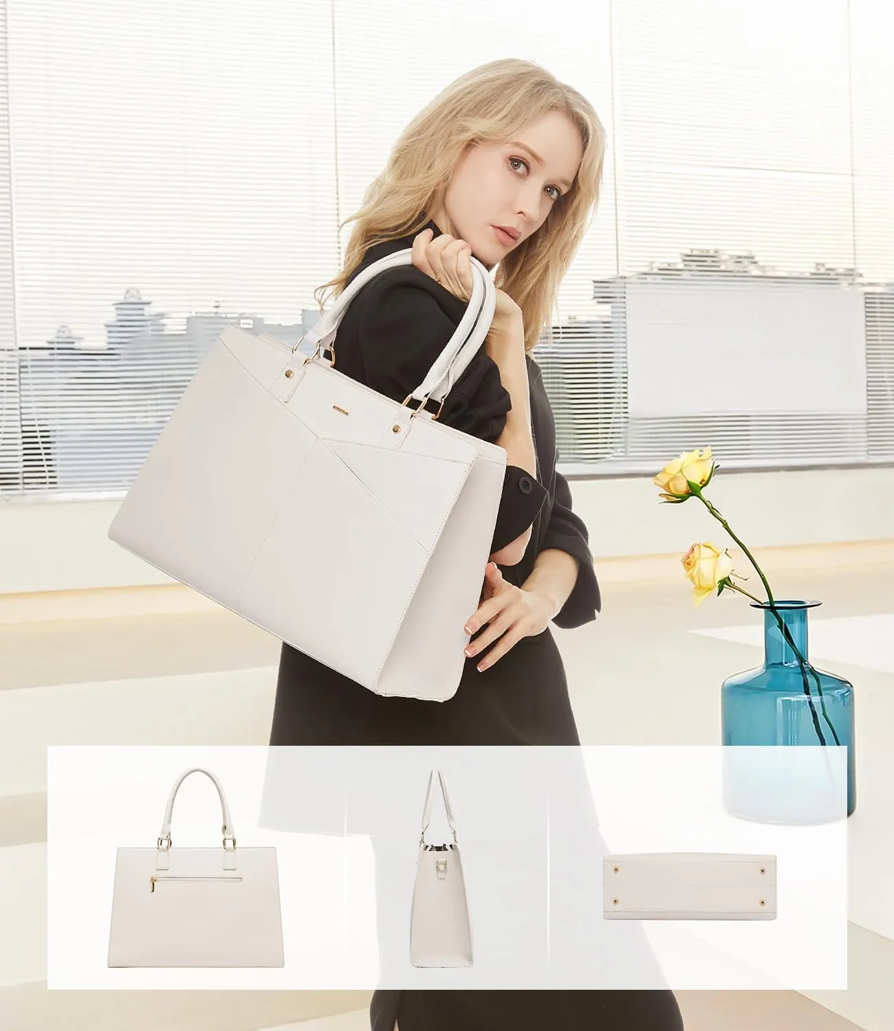 LOVEVOOK Laptop Tote Bag for Women, Leather Business Office Work Bag Computer Briefcase with Small Clutch fit for 15.6 Inch Laptop Beige