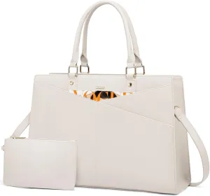 LOVEVOOK Laptop Tote Bag for Women, Leather Business Office Work Bag Computer Briefcase with Small Clutch fit for 15.6 Inch Laptop Beige