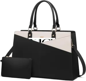LOVEVOOK Laptop Tote Bag for Women, Leather Business Office Work Bag Computer Briefcase with Small Clutch fit for 15.6 Inch Laptop Black-Beige