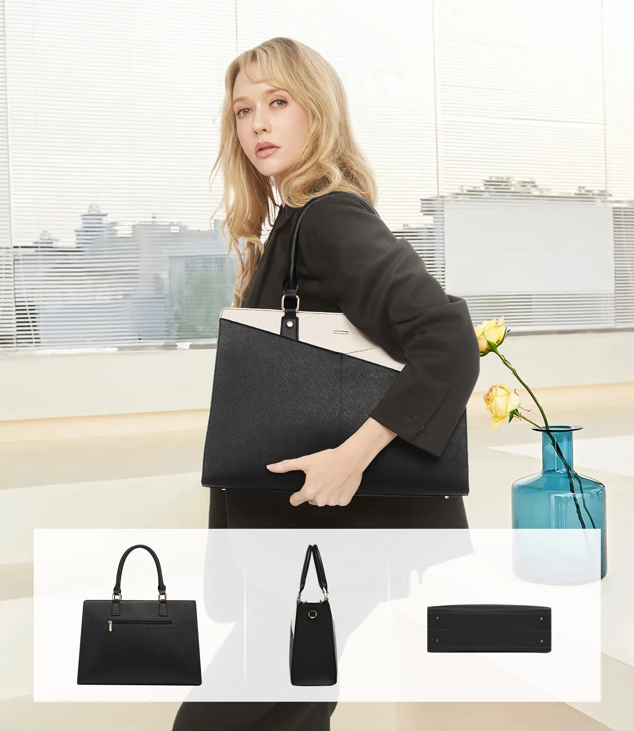 LOVEVOOK Laptop Tote Bag for Women, Leather Business Office Work Bag Computer Briefcase with Small Clutch fit for 15.6 Inch Laptop Black-Beige