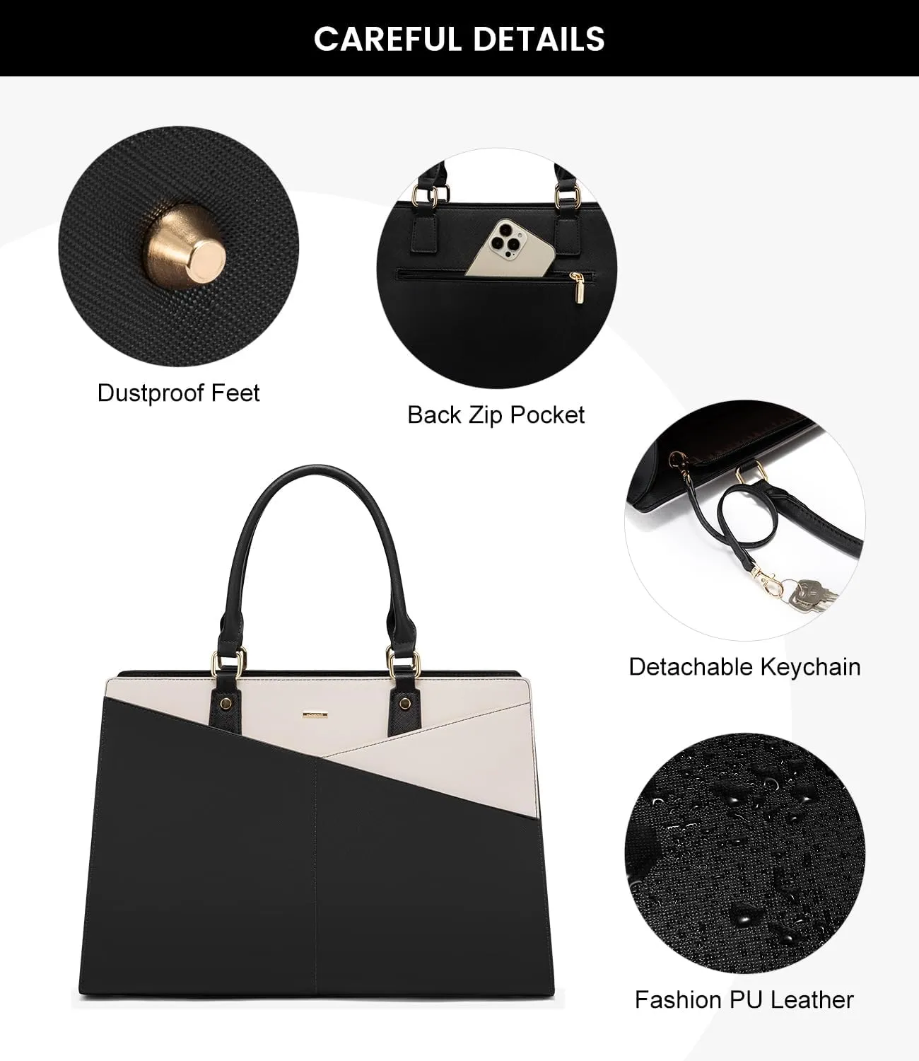 LOVEVOOK Laptop Tote Bag for Women, Leather Business Office Work Bag Computer Briefcase with Small Clutch fit for 15.6 Inch Laptop Black-Beige