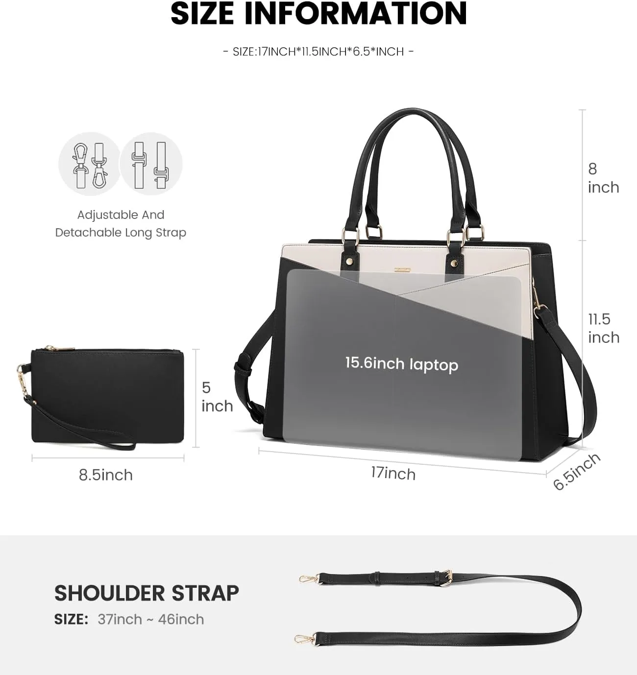 LOVEVOOK Laptop Tote Bag for Women, Leather Business Office Work Bag Computer Briefcase with Small Clutch fit for 15.6 Inch Laptop Black-Beige