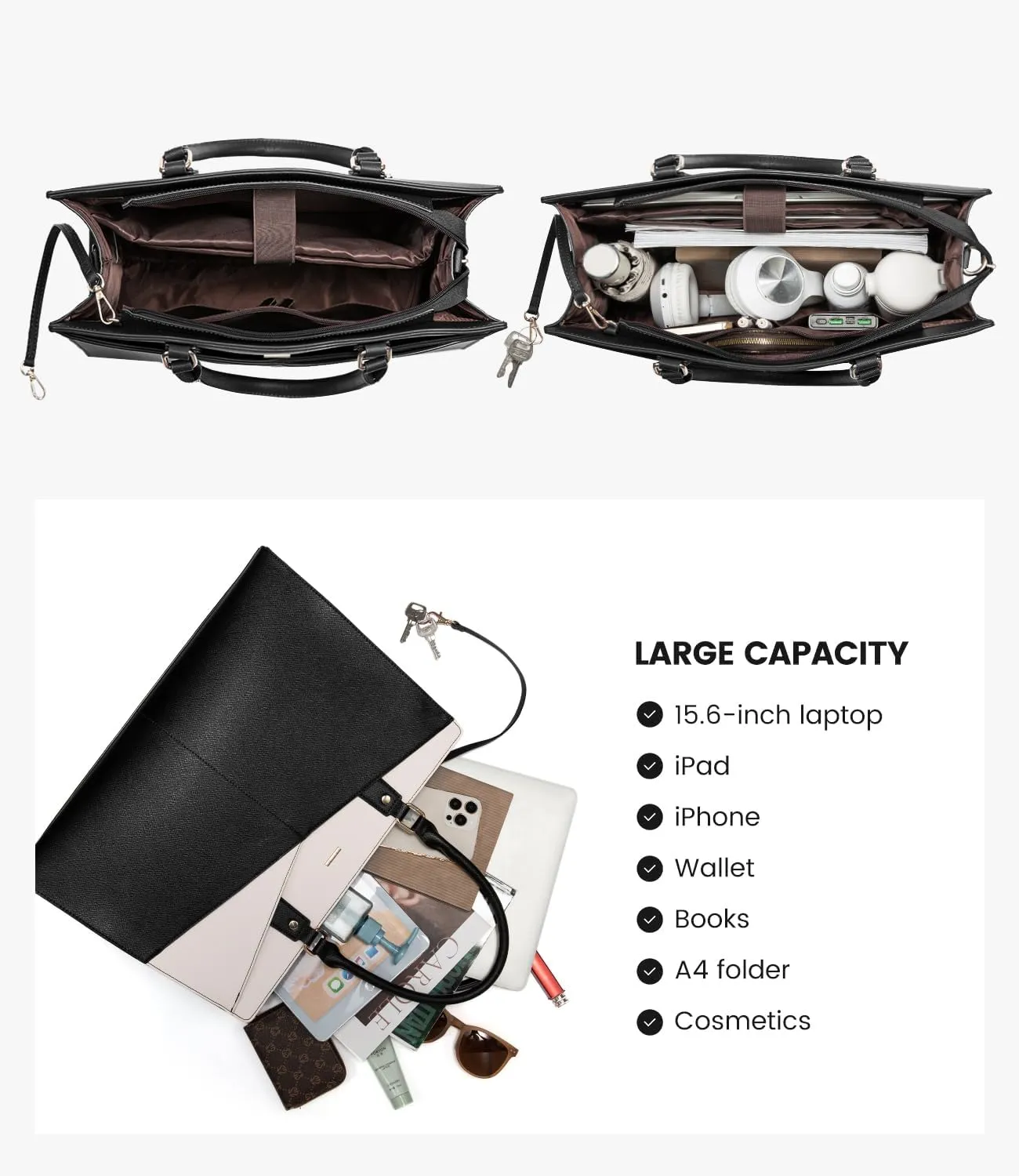 LOVEVOOK Laptop Tote Bag for Women, Leather Business Office Work Bag Computer Briefcase with Small Clutch fit for 15.6 Inch Laptop Black-Beige