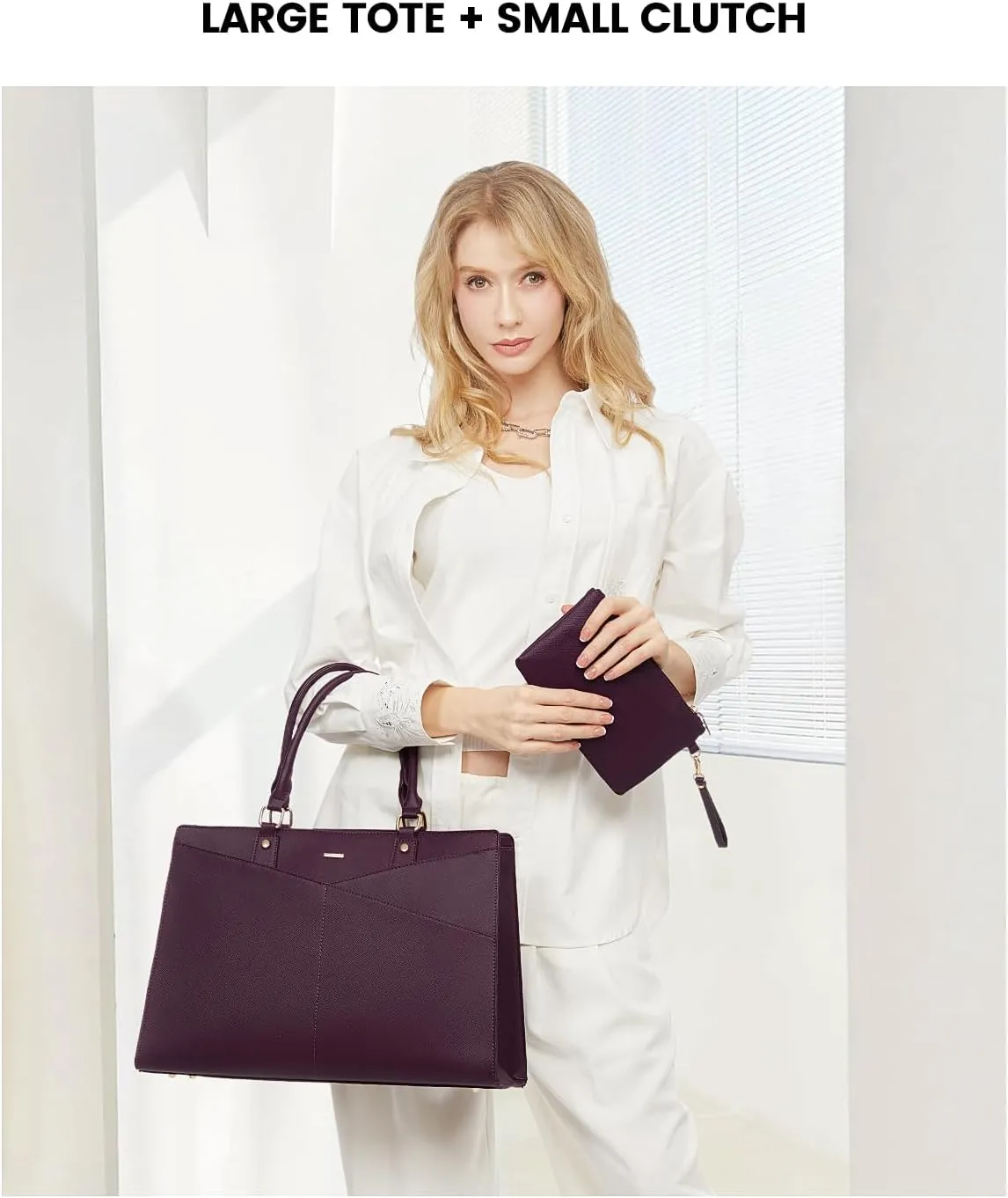 LOVEVOOK Laptop Tote Bag for Women, Leather Business Office Work Bag Computer Briefcase with Small Clutch fit for 15.6 Inch Laptop Purple