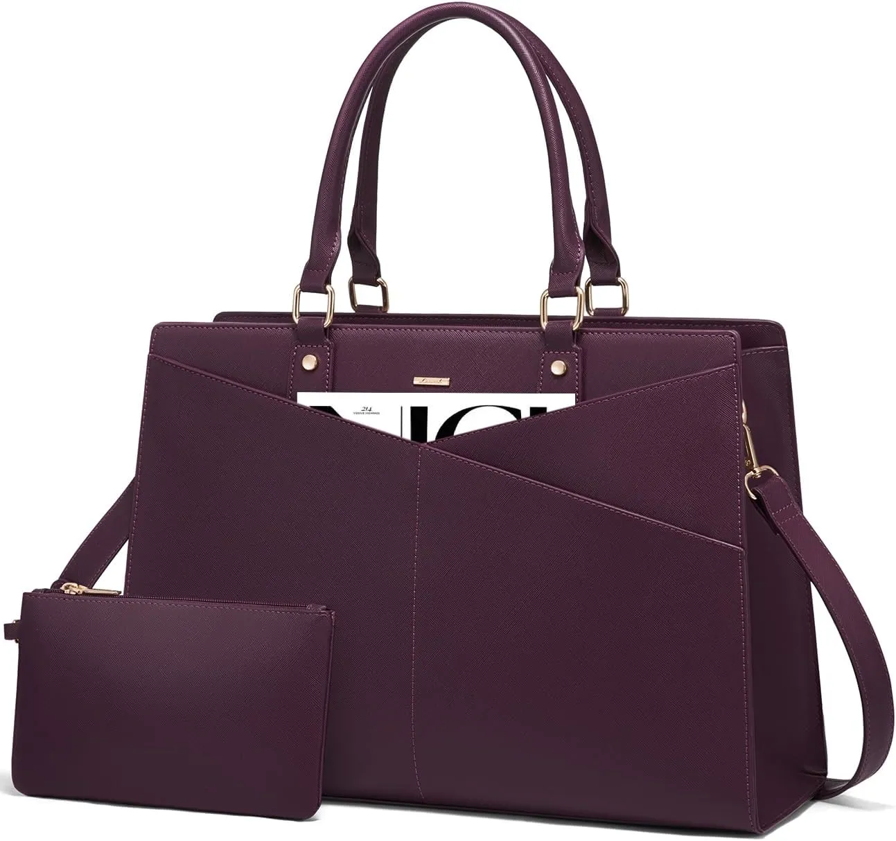 LOVEVOOK Laptop Tote Bag for Women, Leather Business Office Work Bag Computer Briefcase with Small Clutch fit for 15.6 Inch Laptop Purple
