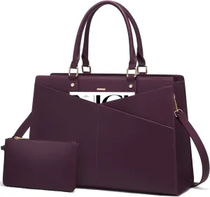 LOVEVOOK Laptop Tote Bag for Women, Leather Business Office Work Bag Computer Briefcase with Small Clutch fit for 15.6 Inch Laptop Purple