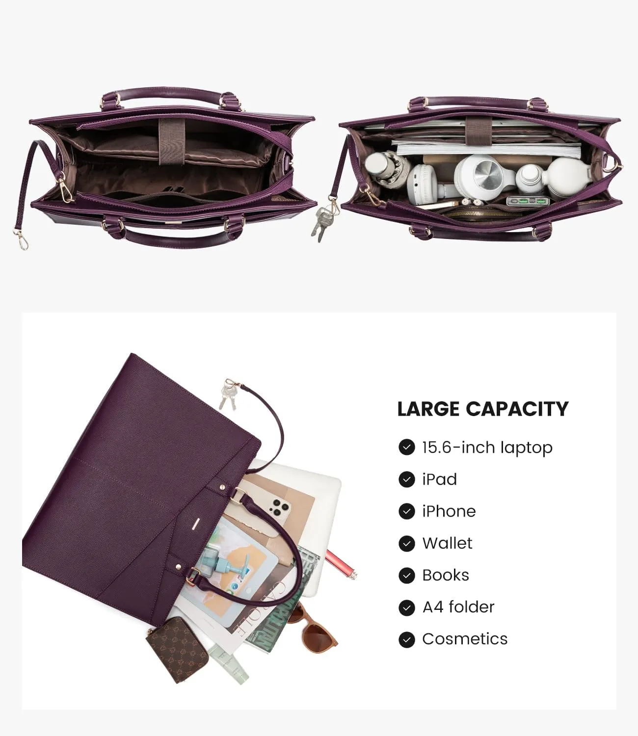 LOVEVOOK Laptop Tote Bag for Women, Leather Business Office Work Bag Computer Briefcase with Small Clutch fit for 15.6 Inch Laptop Purple