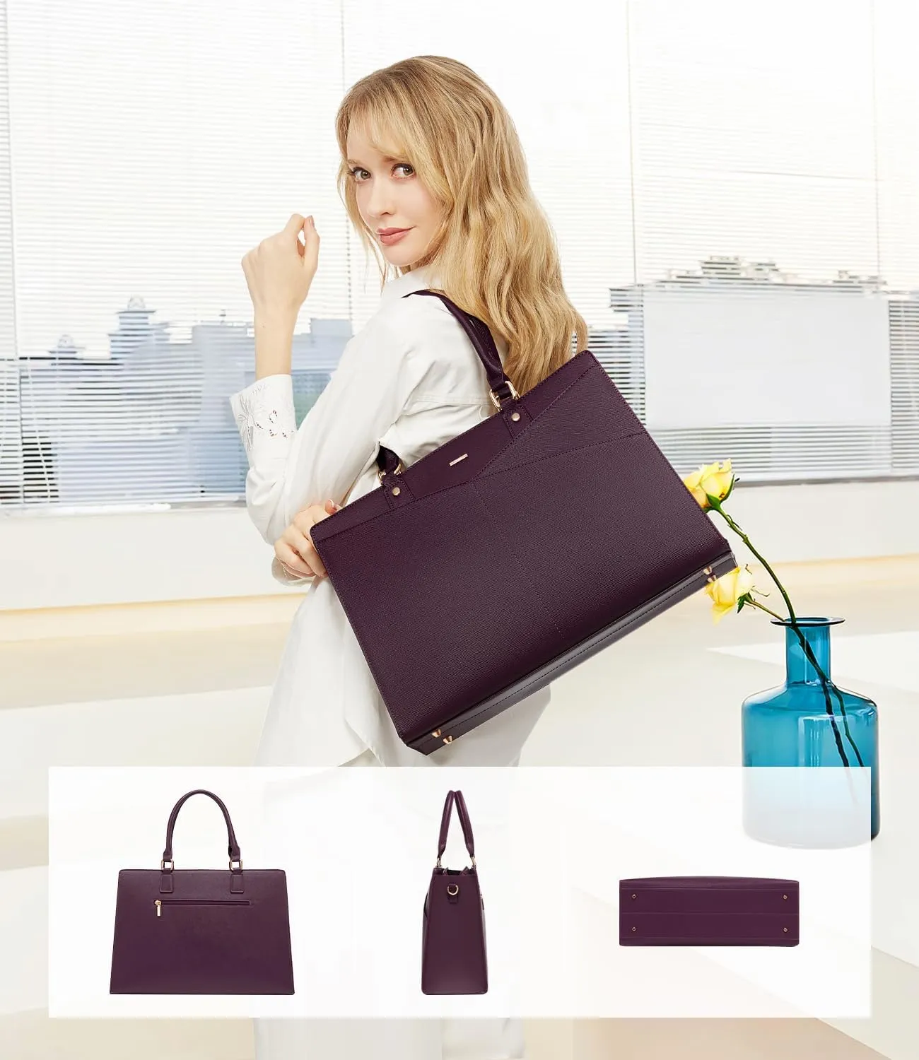 LOVEVOOK Laptop Tote Bag for Women, Leather Business Office Work Bag Computer Briefcase with Small Clutch fit for 15.6 Inch Laptop Purple