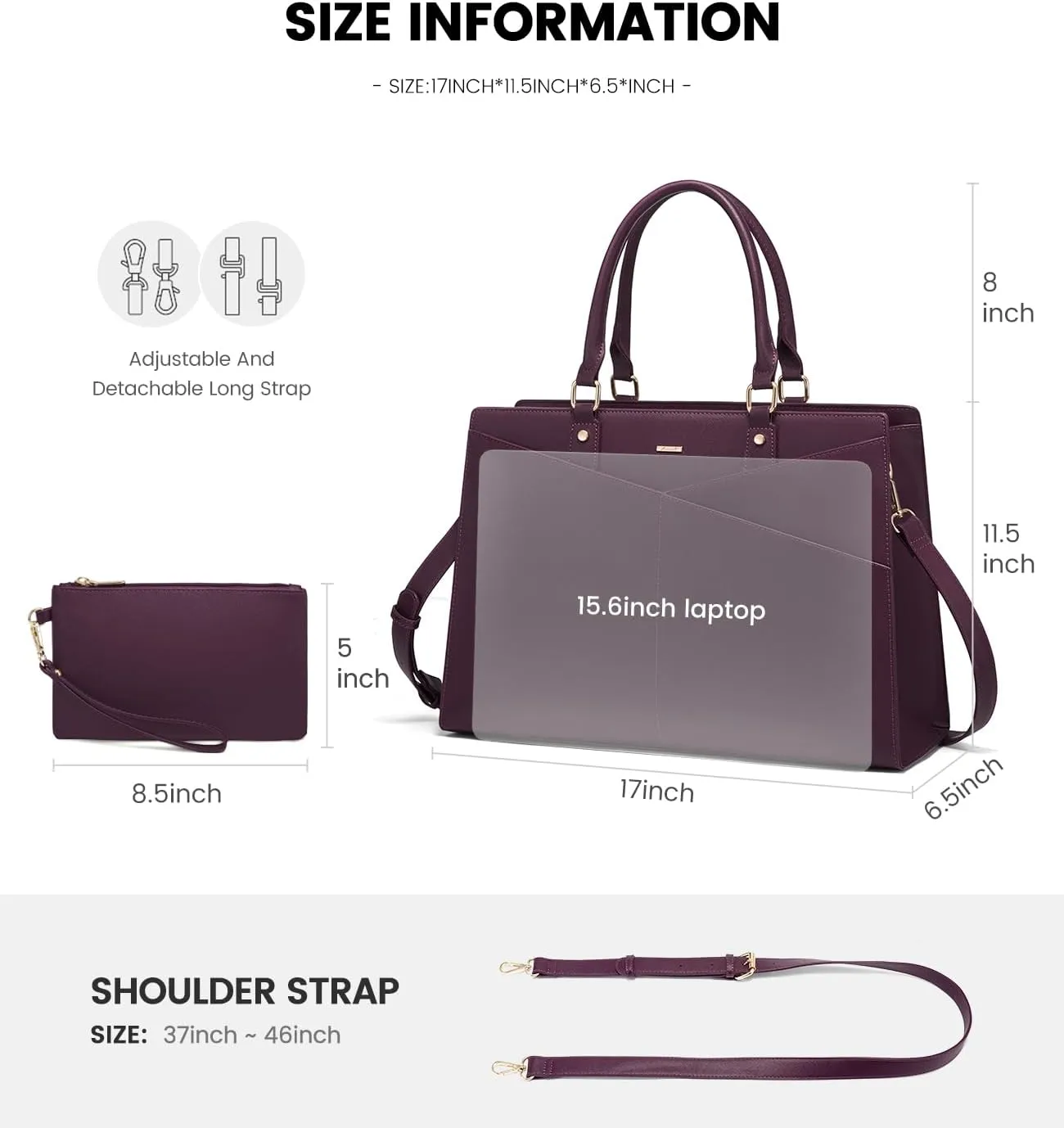 LOVEVOOK Laptop Tote Bag for Women, Leather Business Office Work Bag Computer Briefcase with Small Clutch fit for 15.6 Inch Laptop Purple