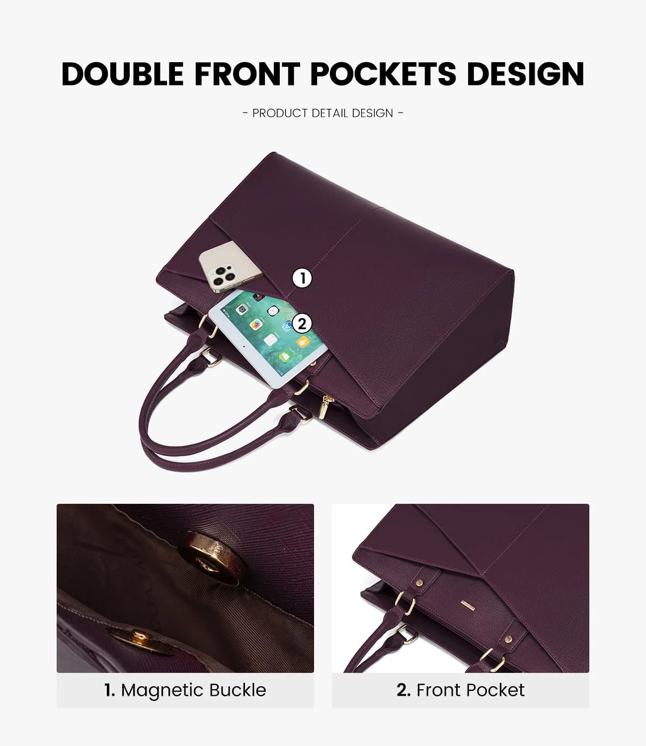 LOVEVOOK Laptop Tote Bag for Women, Leather Business Office Work Bag Computer Briefcase with Small Clutch fit for 15.6 Inch Laptop Purple