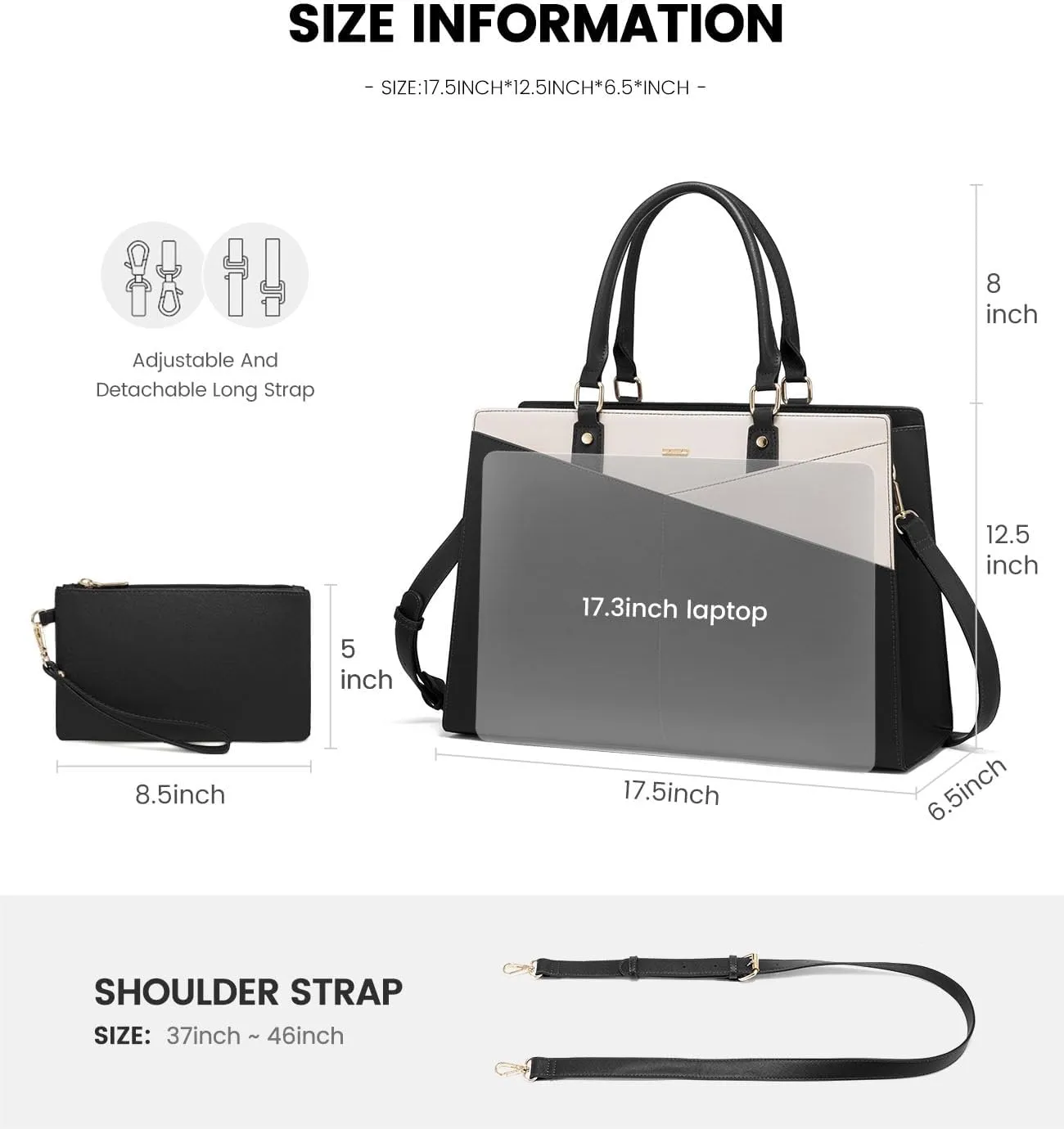 LOVEVOOK Laptop Tote Bag for Women, Leather Business Office Work Bag Computer Briefcase with Small Clutch fit for 15.6 Inch Laptop,Black-Beige