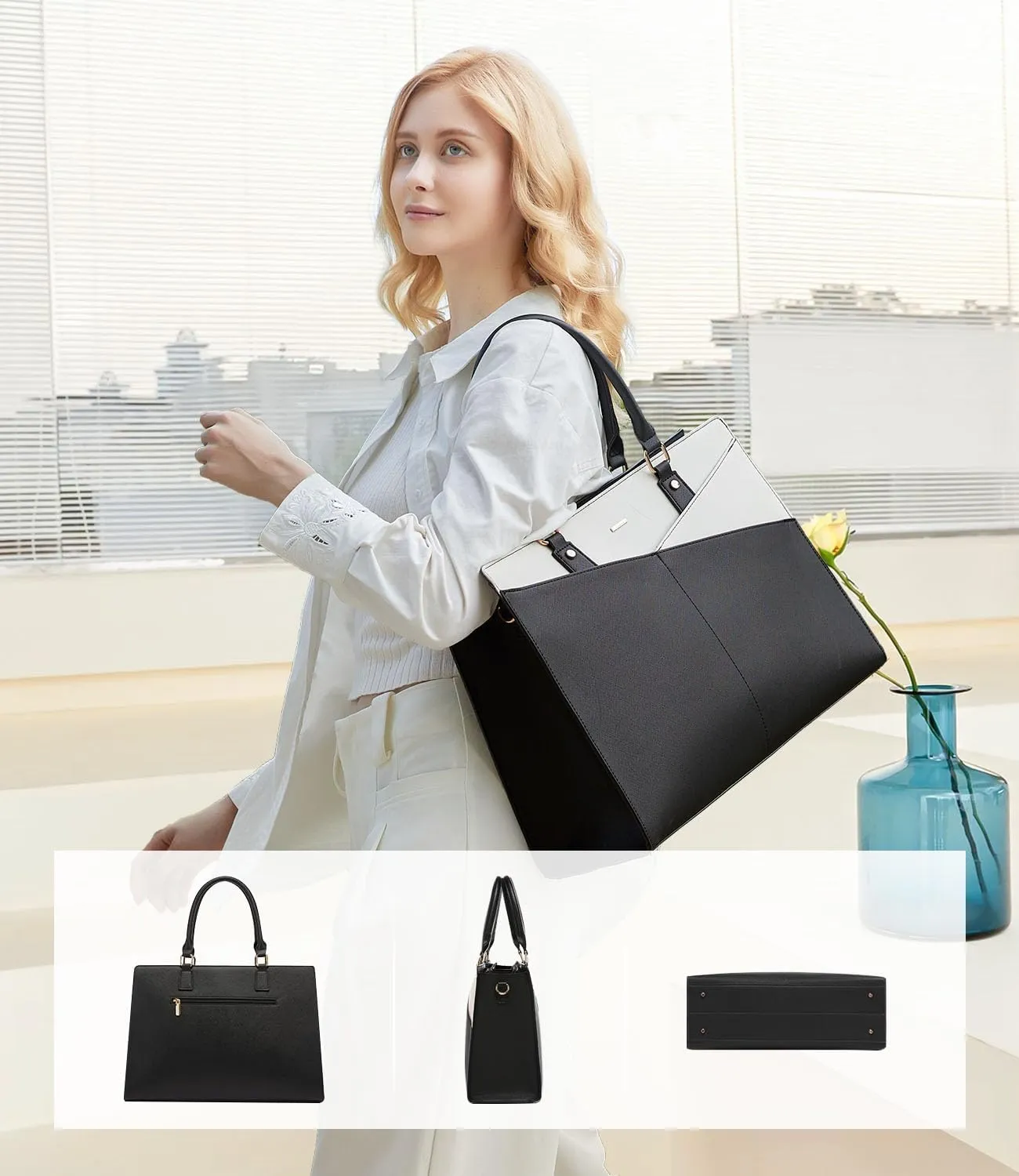 LOVEVOOK Laptop Tote Bag for Women, Leather Business Office Work Bag Computer Briefcase with Small Clutch fit for 15.6 Inch Laptop,Black-Beige