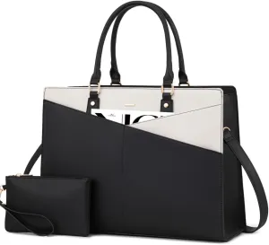 LOVEVOOK Laptop Tote Bag for Women, Leather Business Office Work Bag Computer Briefcase with Small Clutch fit for 15.6 Inch Laptop,Black-Beige
