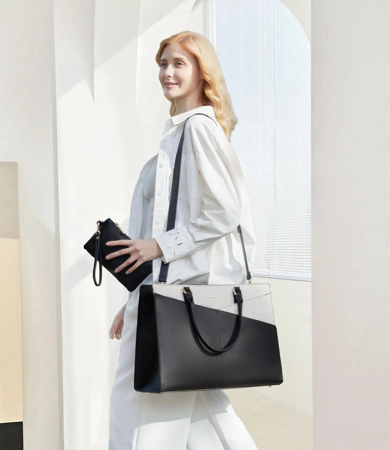 LOVEVOOK Laptop Tote Bag for Women, Leather Business Office Work Bag Computer Briefcase with Small Clutch fit for 15.6 Inch Laptop,Black-Beige