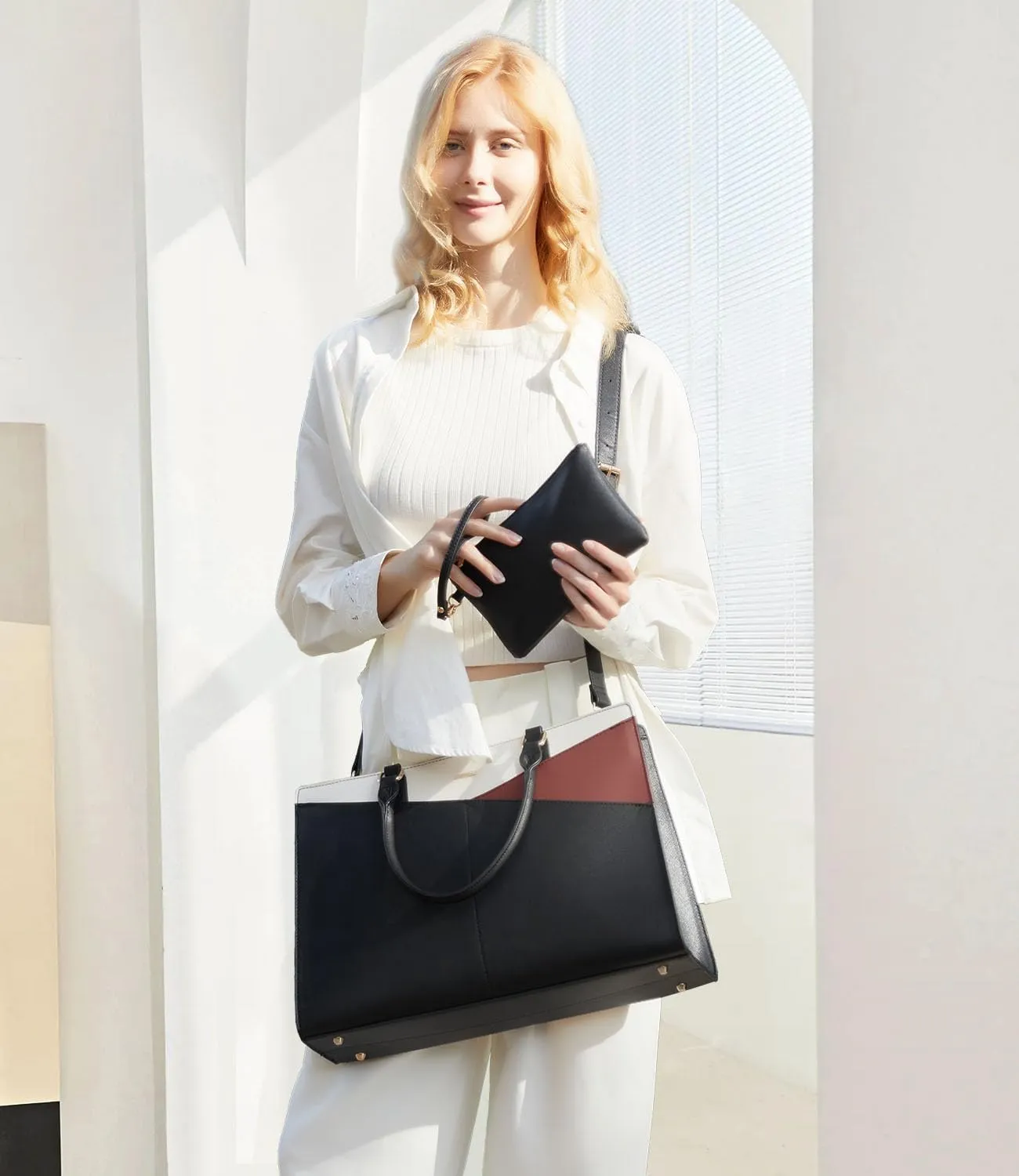 LOVEVOOK Laptop Tote Bag for Women, Leather Business Office Work Bag Computer Briefcase with Small Clutch fit for 15.6 Inch Laptop,Black-Brown-Beige