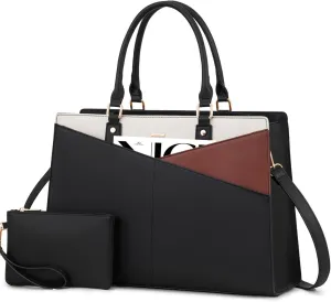 LOVEVOOK Laptop Tote Bag for Women, Leather Business Office Work Bag Computer Briefcase with Small Clutch fit for 15.6 Inch Laptop,Black-Brown-Beige