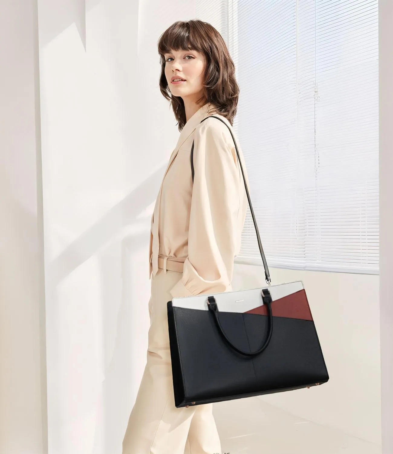 LOVEVOOK Laptop Tote Bag for Women, Leather Business Office Work Bag Computer Briefcase with Small Clutch fit for 15.6 Inch Laptop,Black-Brown-Beige