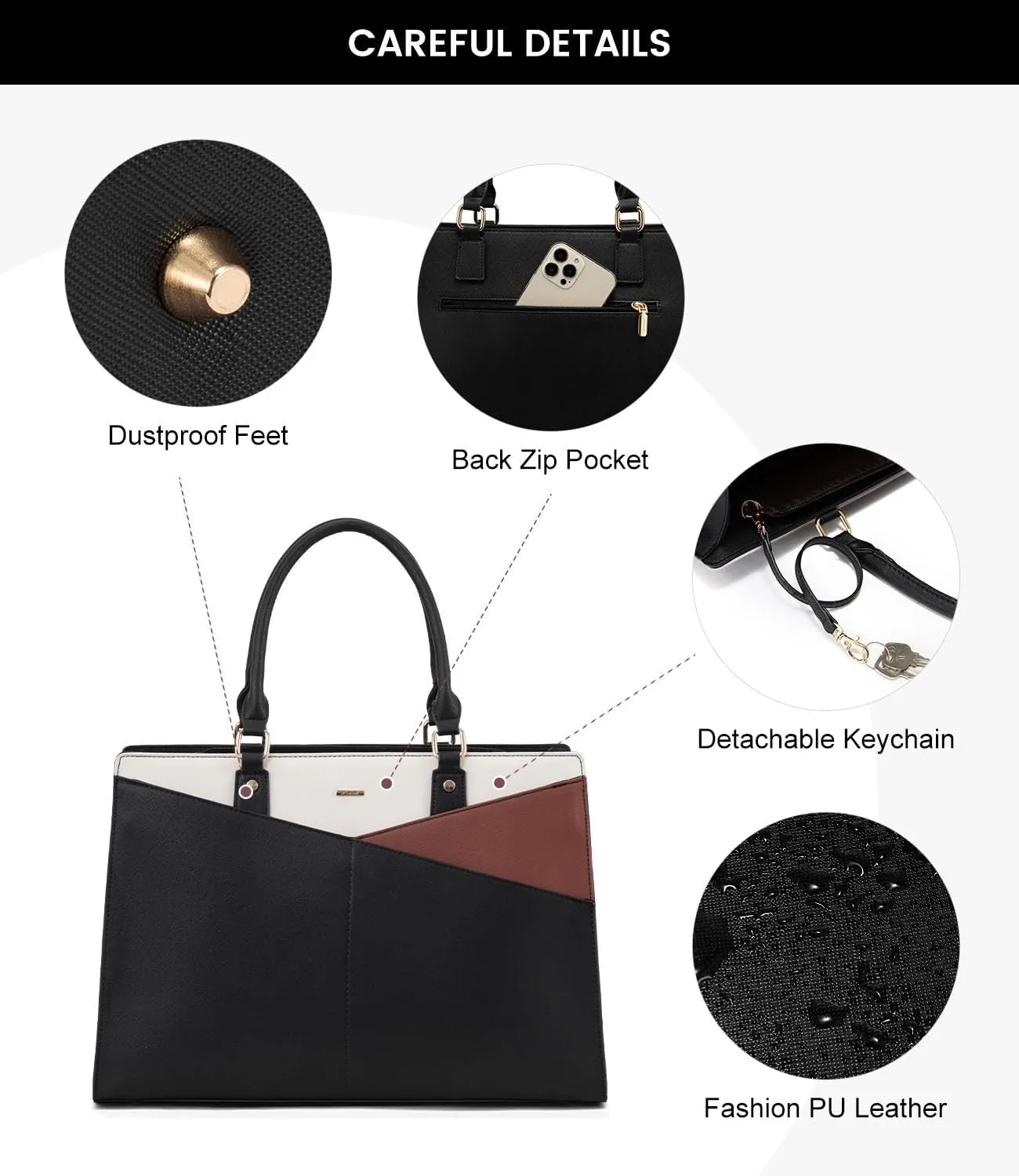 LOVEVOOK Laptop Tote Bag for Women, Leather Business Office Work Bag Computer Briefcase with Small Clutch fit for 15.6 Inch Laptop,Black-Brown-Beige