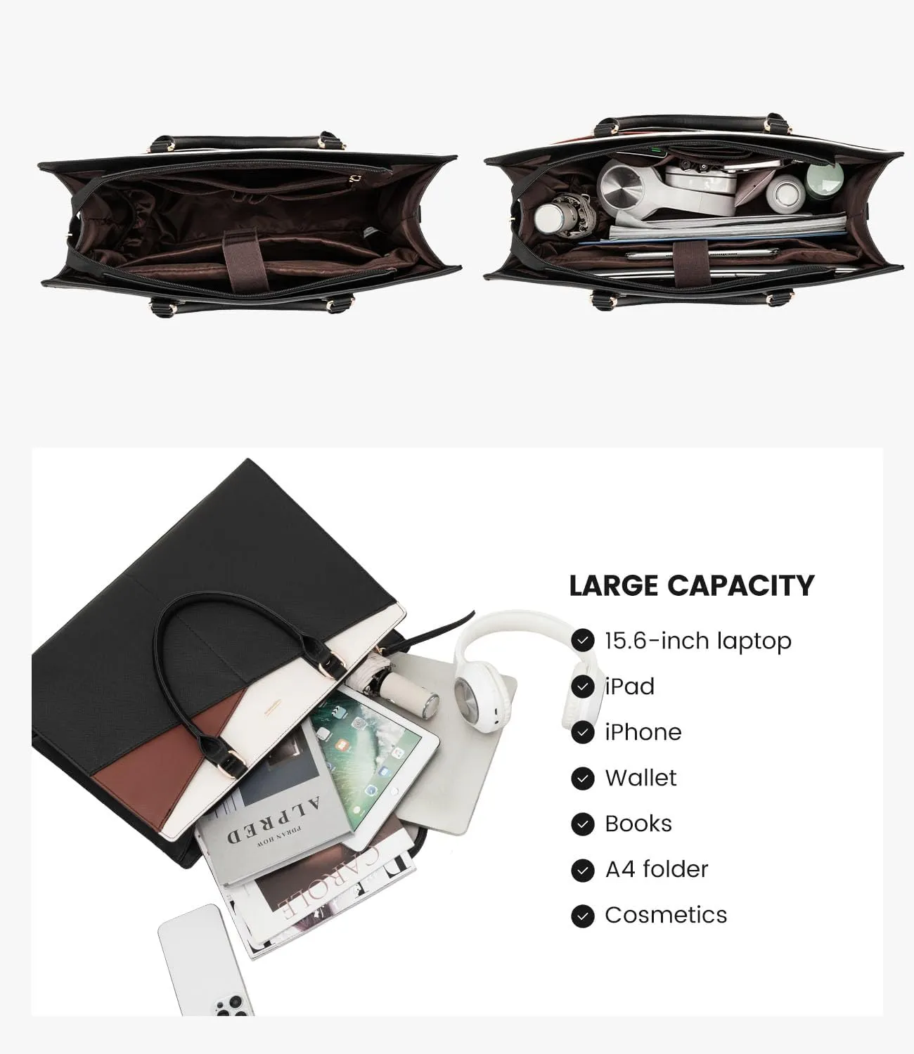 LOVEVOOK Laptop Tote Bag for Women, Leather Business Office Work Bag Computer Briefcase with Small Clutch fit for 15.6 Inch Laptop,Black-Brown-Beige