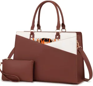 LOVEVOOK Laptop Tote Bag for Women, Leather Business Office Work Bag Computer Briefcase with Small Clutch fit for 15.6 Inch Laptop,Brown-Beige