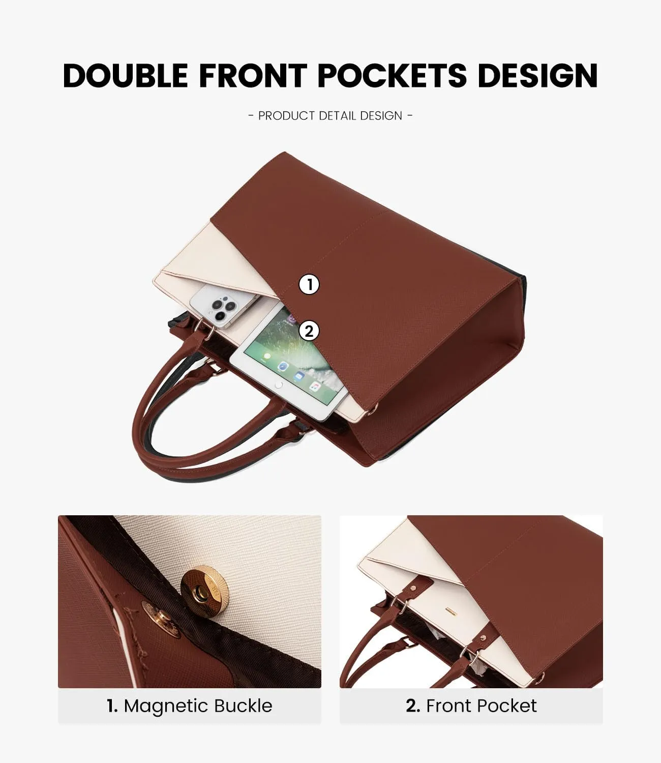 LOVEVOOK Laptop Tote Bag for Women, Leather Business Office Work Bag Computer Briefcase with Small Clutch fit for 15.6 Inch Laptop,Brown-Beige