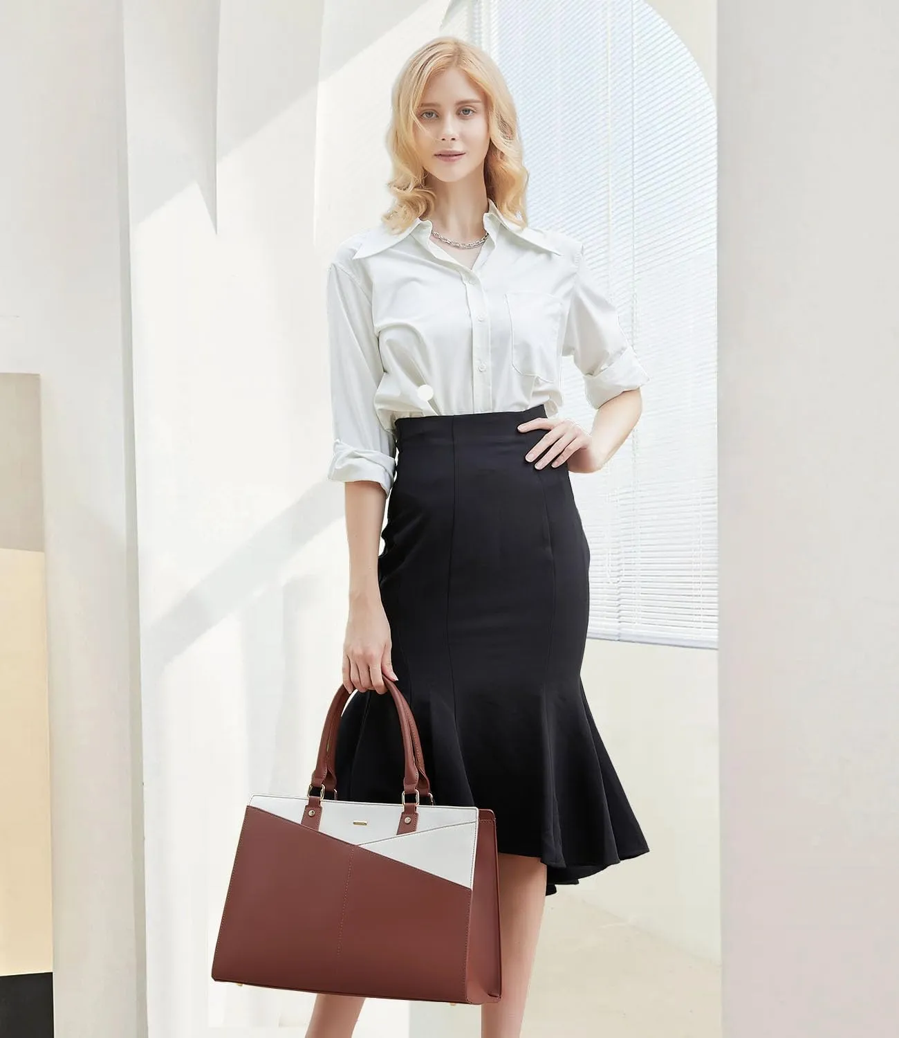 LOVEVOOK Laptop Tote Bag for Women, Leather Business Office Work Bag Computer Briefcase with Small Clutch fit for 15.6 Inch Laptop,Brown-Beige