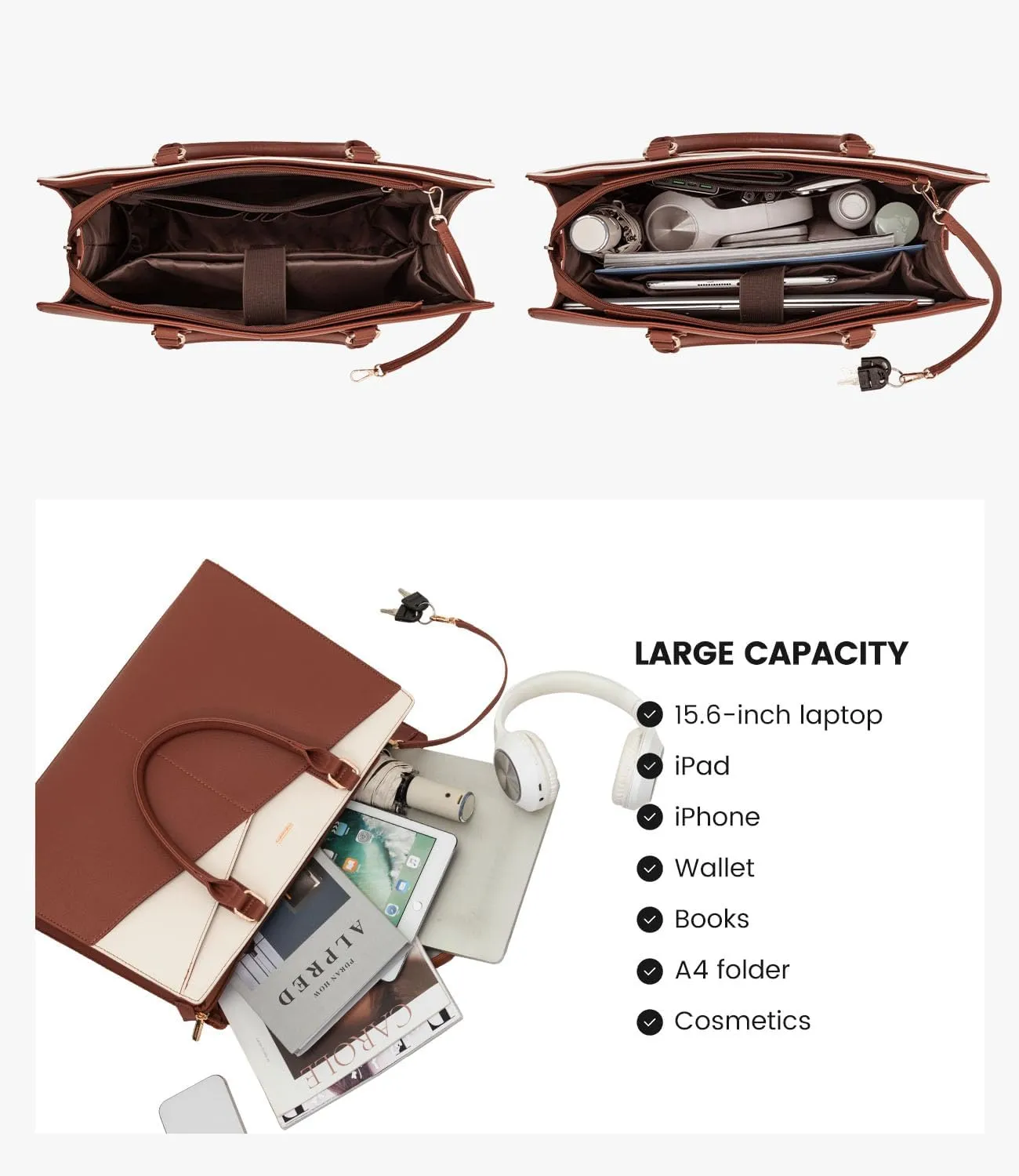 LOVEVOOK Laptop Tote Bag for Women, Leather Business Office Work Bag Computer Briefcase with Small Clutch fit for 15.6 Inch Laptop,Brown-Beige