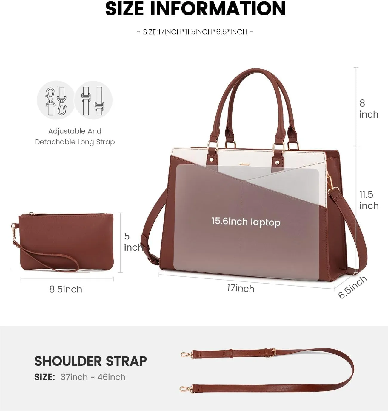 LOVEVOOK Laptop Tote Bag for Women, Leather Business Office Work Bag Computer Briefcase with Small Clutch fit for 15.6 Inch Laptop,Brown-Beige
