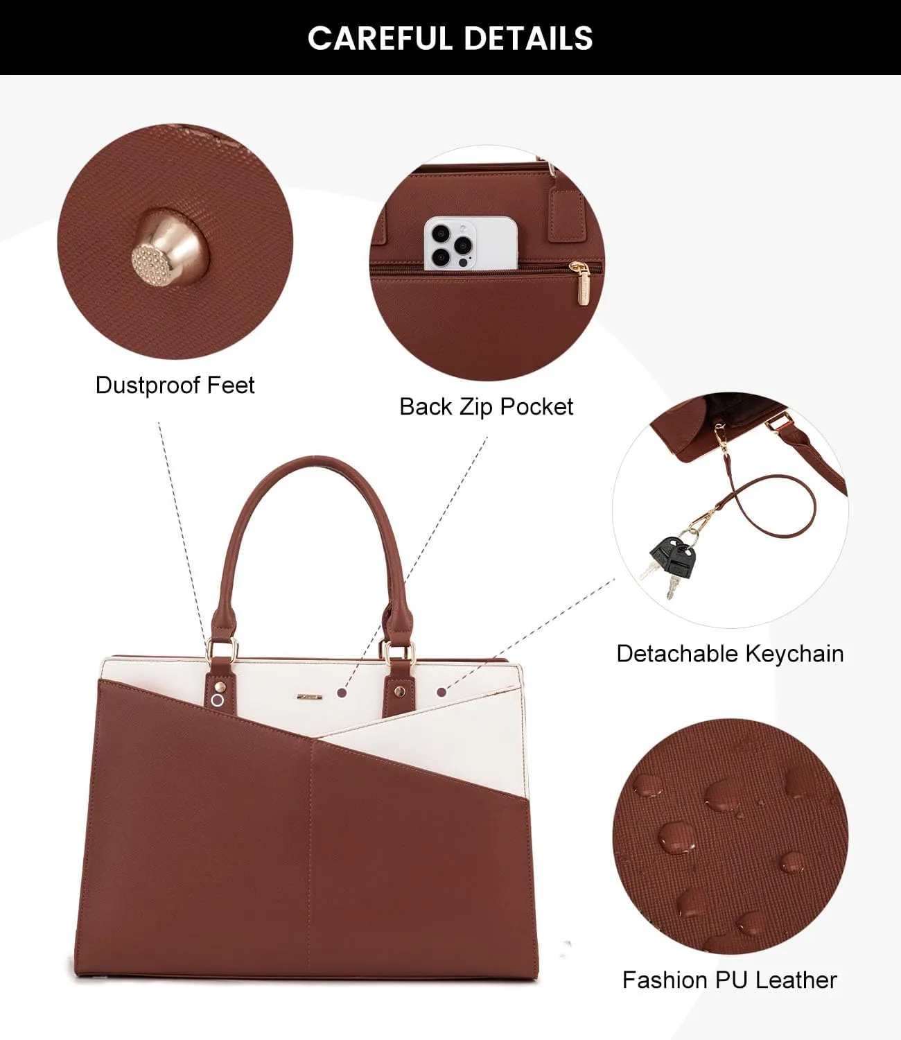 LOVEVOOK Laptop Tote Bag for Women, Leather Business Office Work Bag Computer Briefcase with Small Clutch fit for 15.6 Inch Laptop,Brown-Beige