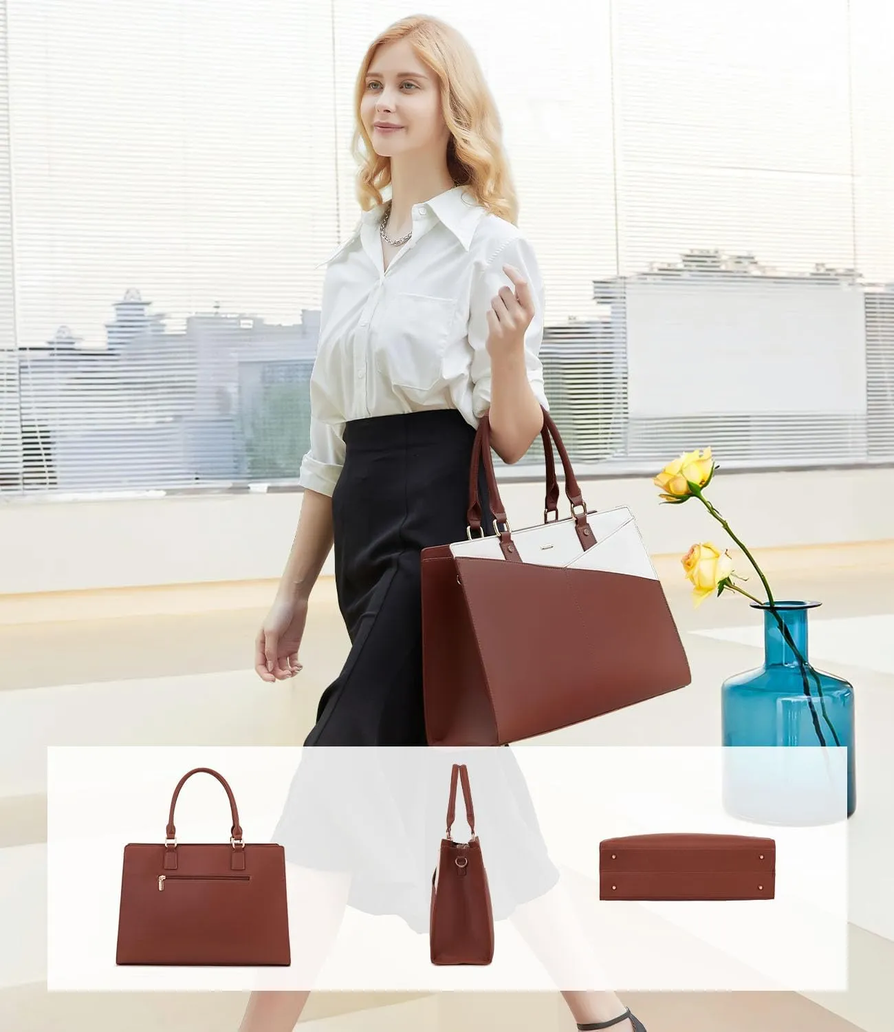 LOVEVOOK Laptop Tote Bag for Women, Leather Business Office Work Bag Computer Briefcase with Small Clutch fit for 15.6 Inch Laptop,Brown-Beige