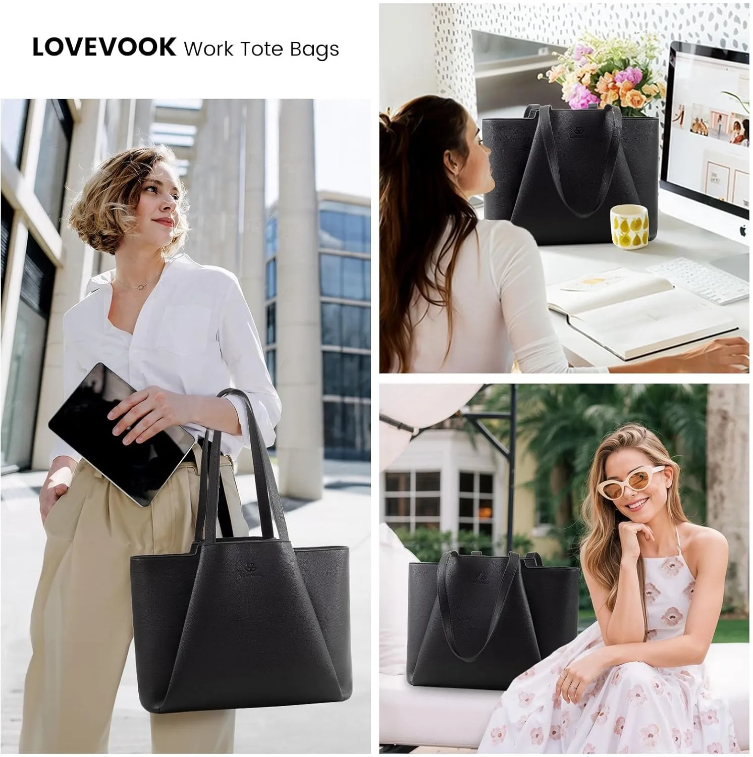 LOVEVOOK Laptop Tote for Women - 15.6 Inch Leather Laptop Bag with Clutch, Large Capacity Office Purse Computer Briefcase for Casual Business Travel, Black