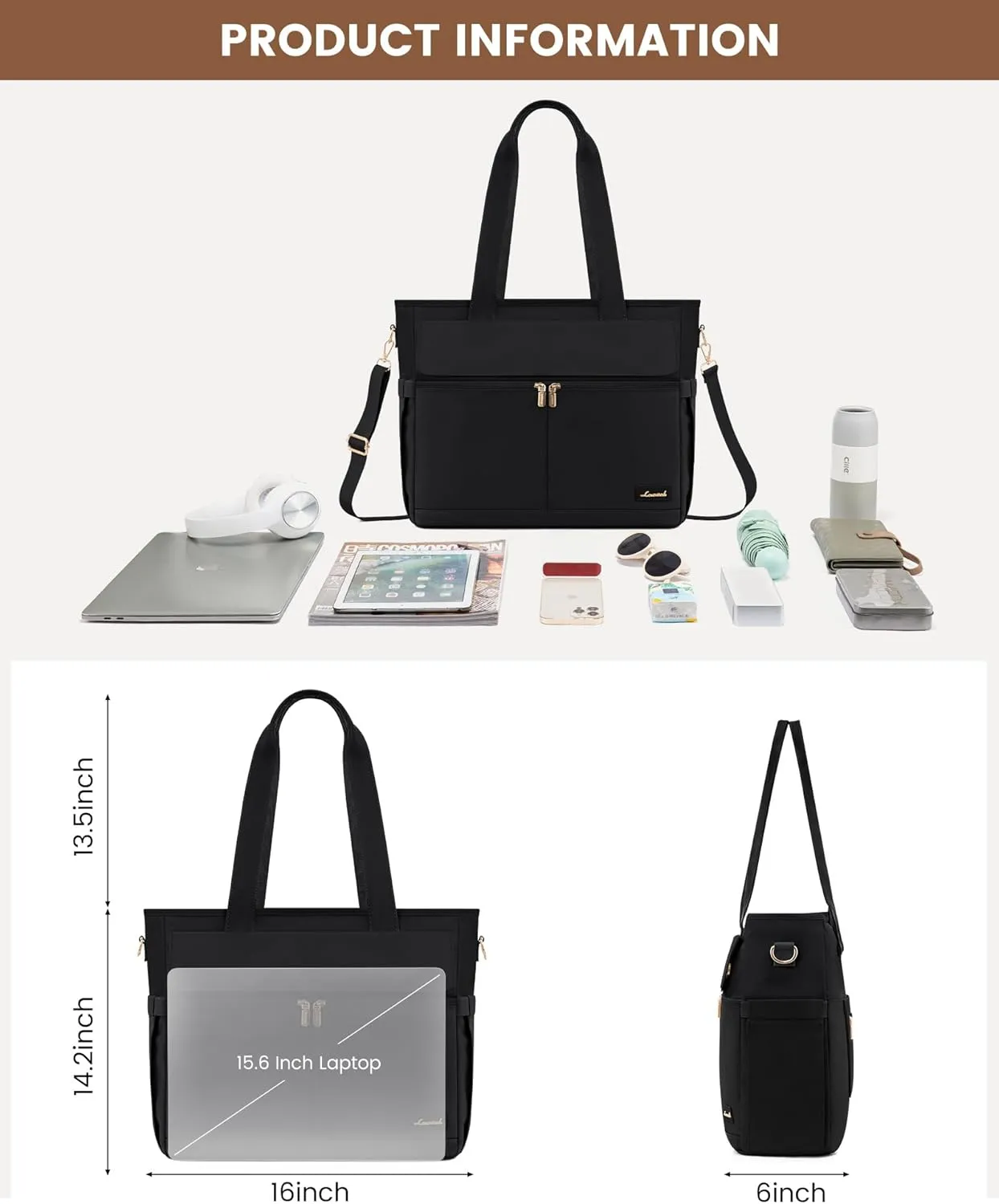 LOVEVOOK Work Bags for Women 15.6 Inch Work Tote Bags with Laptop Compartment Large Capability Laptop Purse Professional Teacher Tote Bag Casual Computer Briefcase for Office Travel Nurse, Black