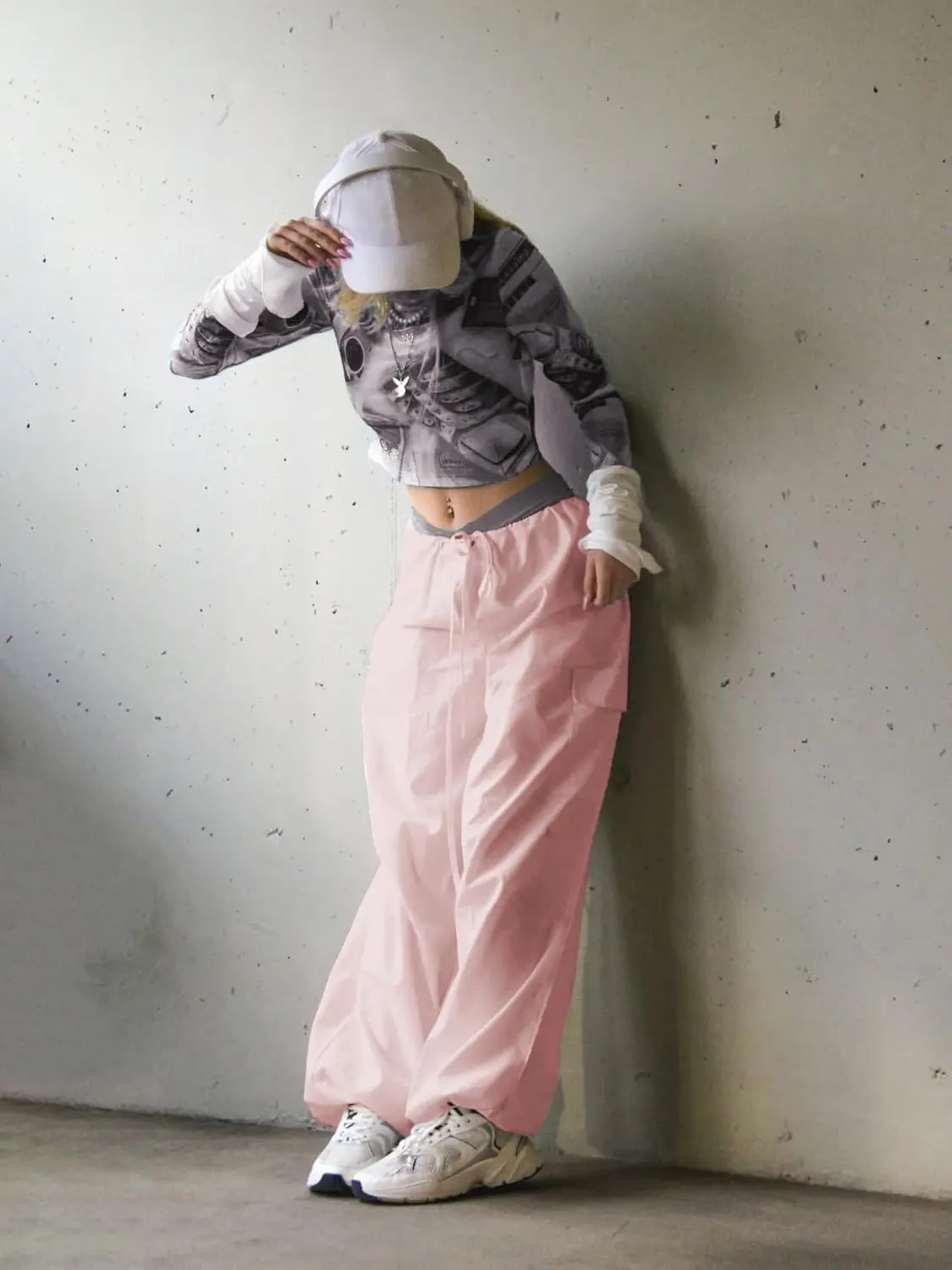 LQI Parachute Pants for Women Y2K Baggy Cargo Pants Drawstring Trousers Low Rise Loose Jogger Sweatpants