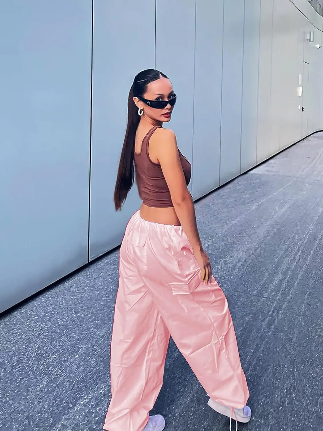 LQI Parachute Pants for Women Y2K Baggy Cargo Pants Drawstring Trousers Low Rise Loose Jogger Sweatpants