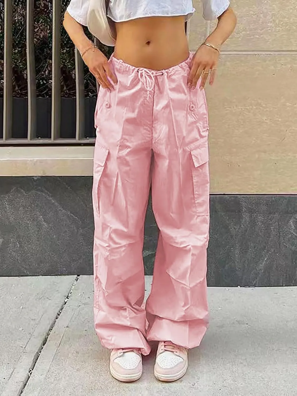 LQI Parachute Pants for Women Y2K Baggy Cargo Pants Drawstring Trousers Low Rise Loose Jogger Sweatpants