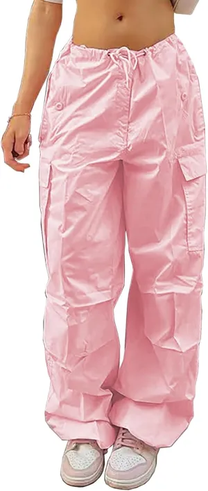 LQI Parachute Pants for Women Y2K Baggy Cargo Pants Drawstring Trousers Low Rise Loose Jogger Sweatpants