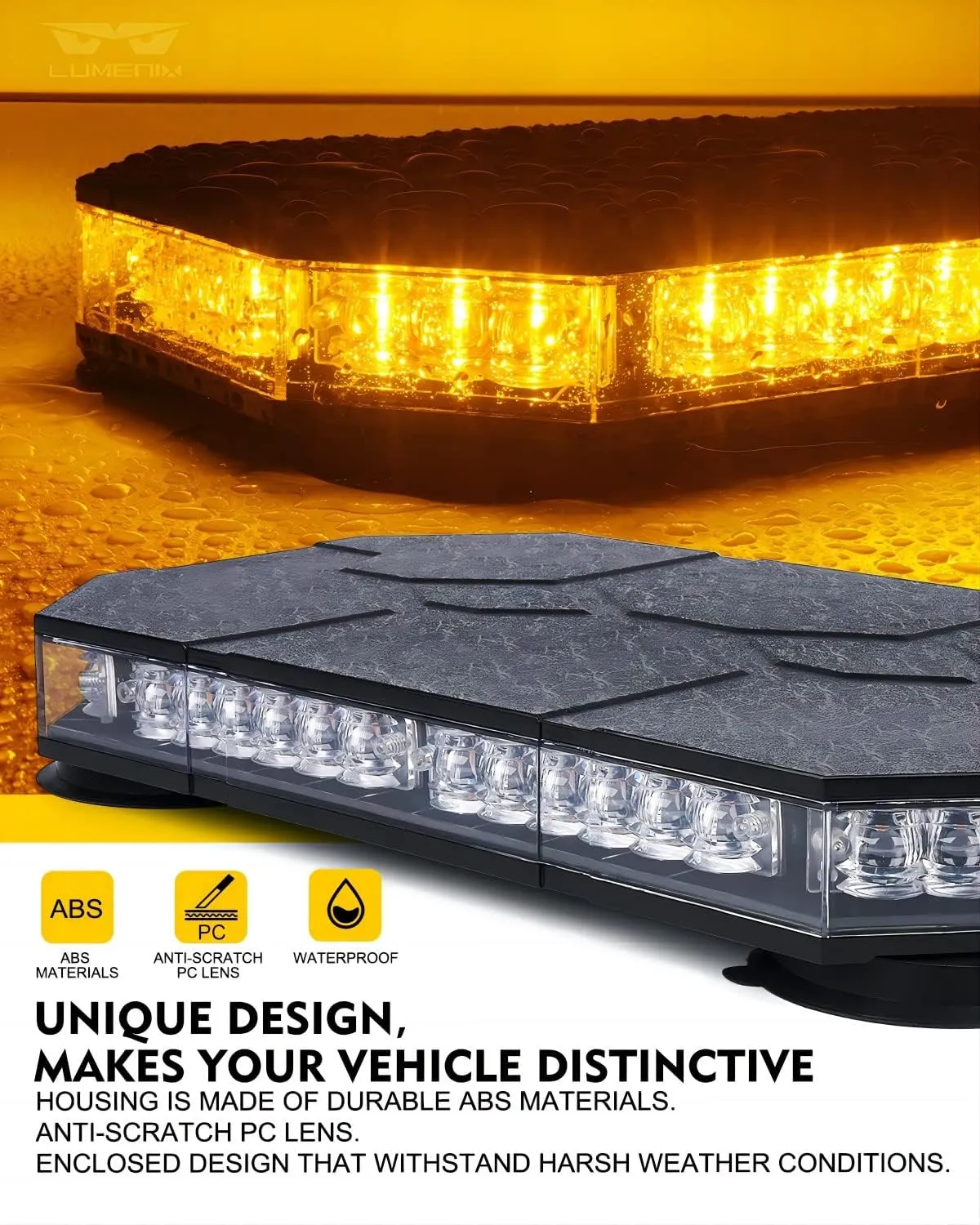 LUMENIX LED Rooftop Strobe Beacon Lights Bar w/Controller Magnetic Emergency Traffic Warning Safety Caution Flashing Light for Construction Vehicles Snow Plow Tow Trucks Postal - Amber (Patent Design)