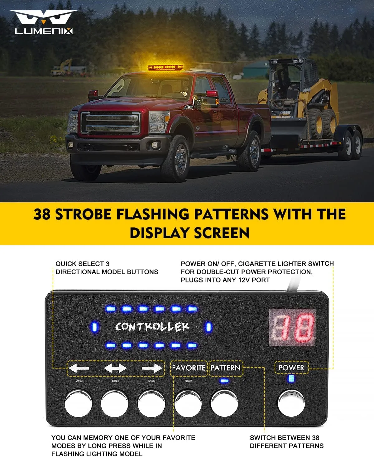 LUMENIX LED Rooftop Strobe Beacon Lights Bar w/Controller Magnetic Emergency Traffic Warning Safety Caution Flashing Light for Construction Vehicles Snow Plow Tow Trucks Postal - Amber (Patent Design)