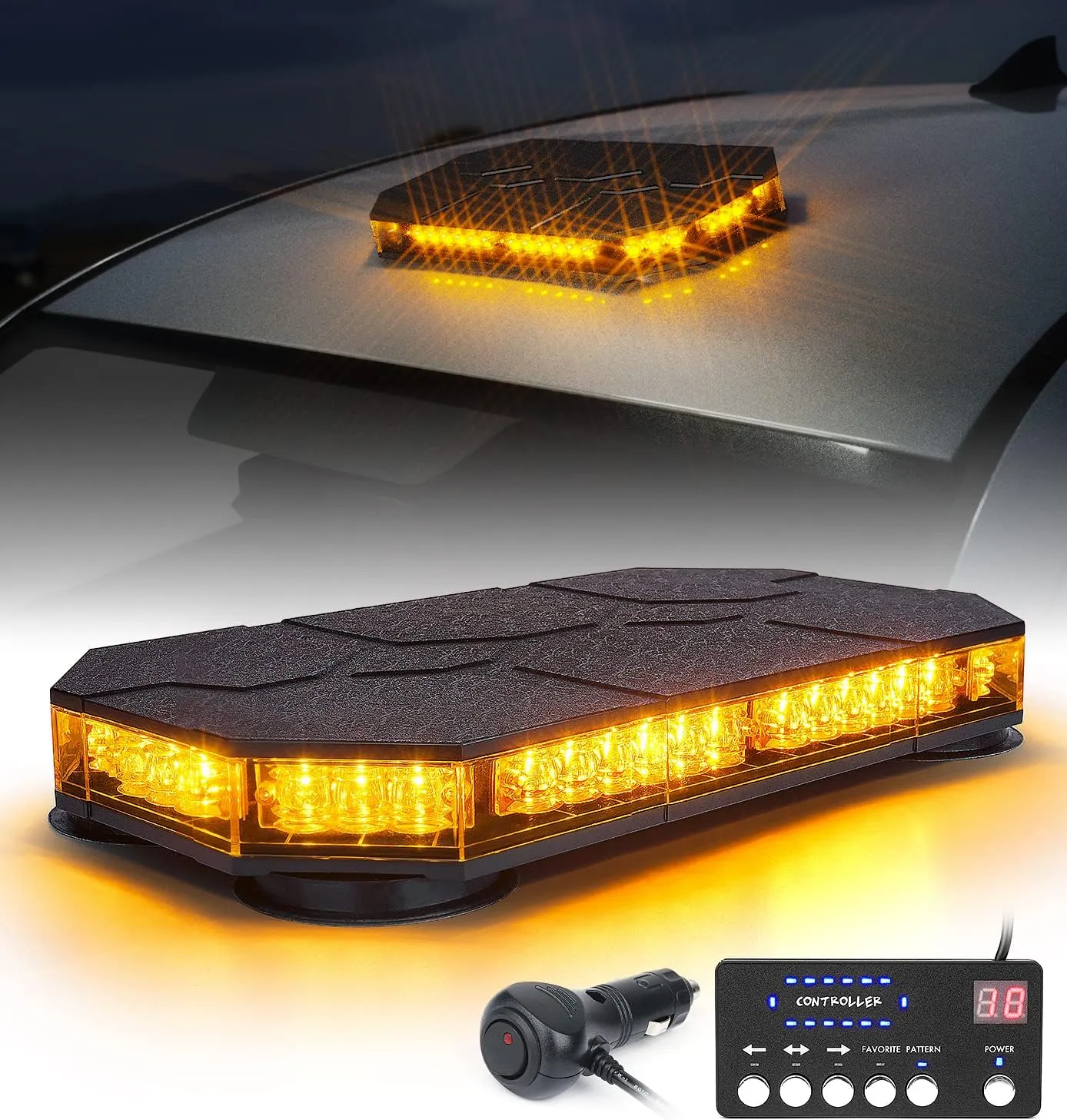 LUMENIX LED Rooftop Strobe Beacon Lights Bar w/Controller Magnetic Emergency Traffic Warning Safety Caution Flashing Light for Construction Vehicles Snow Plow Tow Trucks Postal - Amber (Patent Design)