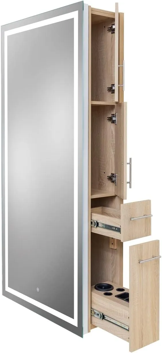 Lumina LED Salon Mirror & Storage Server, Extra-Large Full-Length Mirror, Built-in Dimmable LED Light, Easy & Accessible On/Off Button, in Beechwood, PIB-9110-SER-BEE