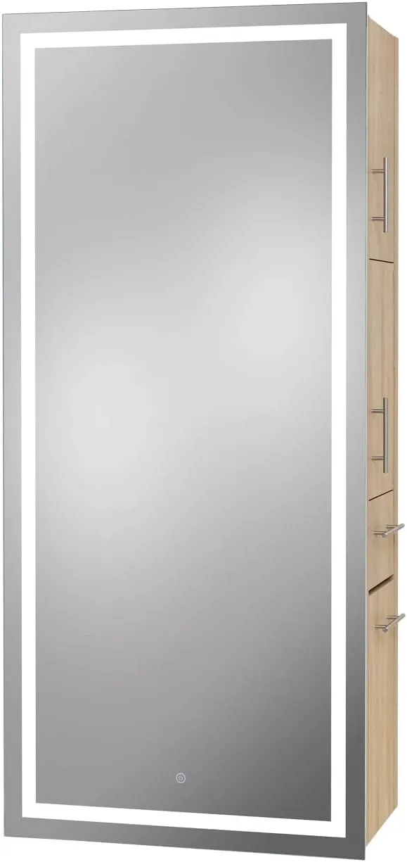 Lumina LED Salon Mirror & Storage Server, Extra-Large Full-Length Mirror, Built-in Dimmable LED Light, Easy & Accessible On/Off Button, in Beechwood, PIB-9110-SER-BEE