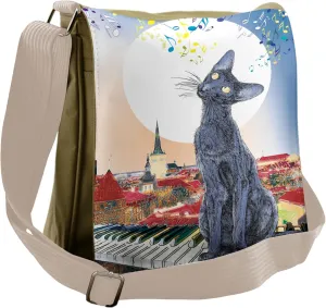 Lunarable Cat Messenger Bag, Cat on Rooftop Sunset Music, Unisex Cross-body