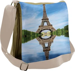 Lunarable Eiffel Tower Messenger Bag, Water Reflection Sunny, Unisex Cross-body