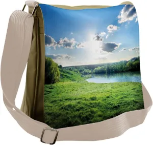 Lunarable Forest Messenger Bag, Cloudy Weather with Lawn, Unisex Cross-body