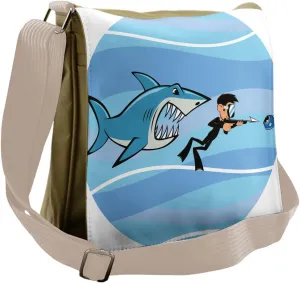 Lunarable Fun Messenger Bag, Angry Shark Chasing a Diver, Unisex Cross-body